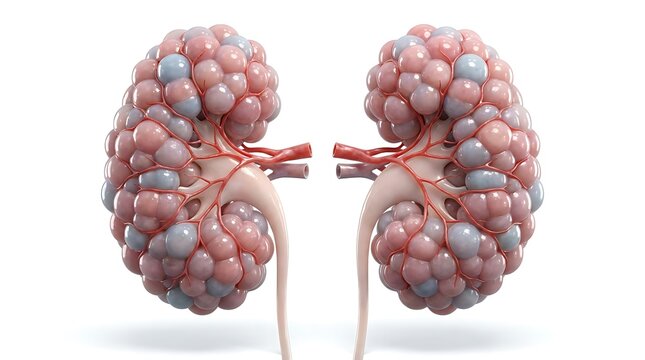Polycystic kidney disease 3D medical illustration showing bilateral kidneys filled with multiple fluid filled cysts of varying sizes over white background.