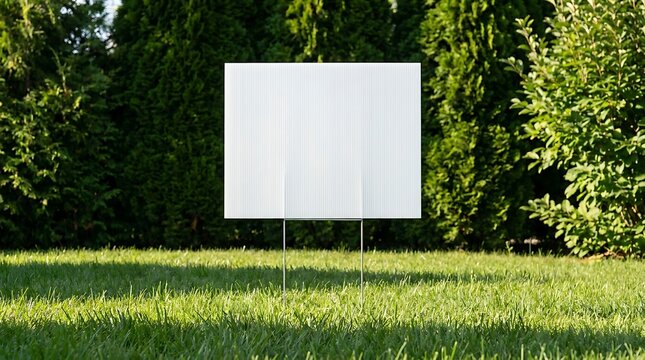 Blank white corrugated plastic yard sign on green grass with manicured evergreen trees in background, ready for custom message or advertisement.