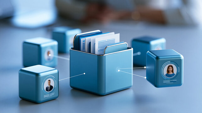Central digital folder connected to multiple user profiles and shared documents, collaborative cloud storage, access management, team productivity, document sharing, corporate
