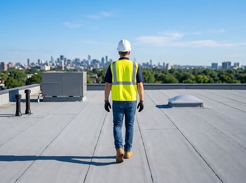 Worker in safety vest and hard hat walks on flat commercial rooftop with city skyline in background, assessing construction site.