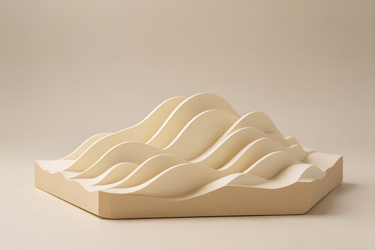 Ivory paper wave sculpture rising from a sand-colored base in soft daylight