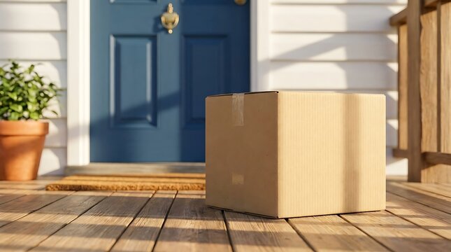 Single closed cardboard box parcel delivered on wooden porch floor outside elegant blue front door of suburban house on bright sunny day with natural shadows.
