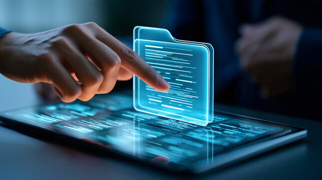 Human hand placing a digital document into a luminous virtual folder, electronic filing, document classification, data organization, business workflow, paperless office, minimal