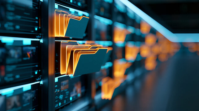 Futuristic digital asset management system with glowing folders and archived media files inside a modern data center, content organization, digital archiving, cloud storage,