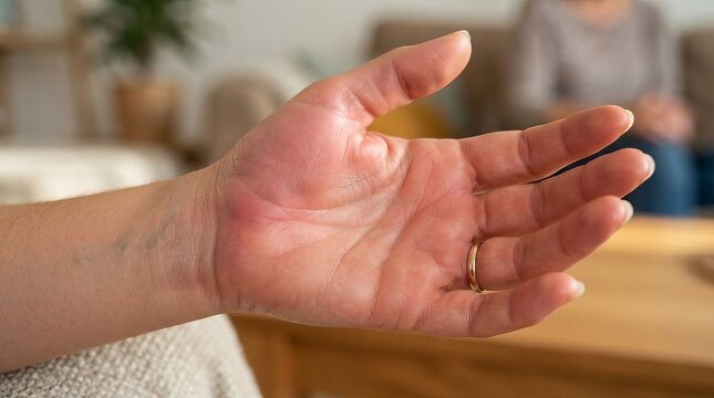 Close Up of a Woman s Inflamed and Red Swollen Palm, Indicating Possible Health Issues and Concerns