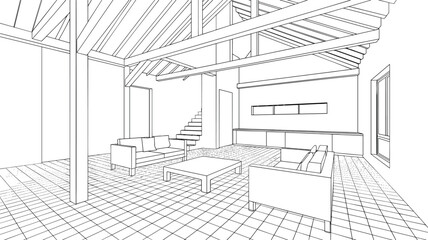 Fototapeta premium Linear perspective line art illustration of a classical interior hallway featuring ornate doorframes, coffered ceiling beams, and decorative window sill