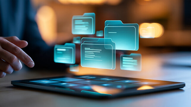Tablet displaying organized digital files shared from a central folder, cloud collaboration, mobile document access, electronic filing, business productivity, secure information