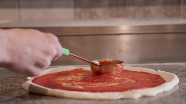 Closeup tracking shot of chef spreading tomato sauce with ladle across pizza dough on kitchen countertop prep surface.