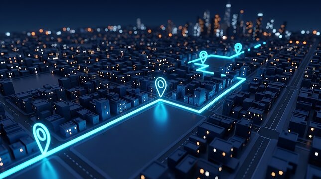 Futuristic blue navigation path with location pins overlays digital city map at night showing route planning and urban exploration.