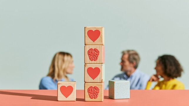 Wellness wooden blocks with heart and brain shapes on a table, featuring textured grain and enamel insets for employee wellbeing and health