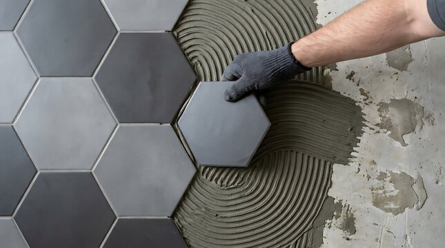Tiler wearing grey glove carefully placing dark grey hexagonal tile onto wet cement for modern wall or floor decoration, close-up shot.