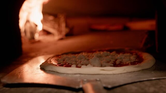 Tracking shot of pizza being slid onto metal peel and pushed into wood fired oven in pizzeria kitchen.