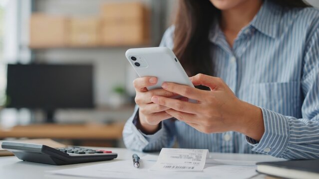 Person holding a smartphone and checking a receipt at an office desk setup