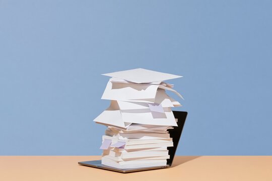 Paperwork stack rising from an open laptop on a peach surface with a pale blue background, representing information overload for productivity concepts