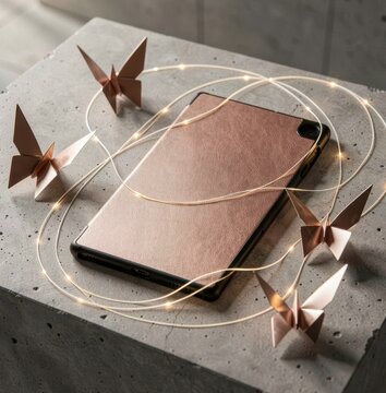 Rose gold tablet surrounded by origami butterflies and fairy lights