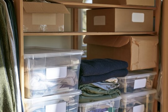 Storage shelves with packed boxes and clear bins of folded clothes, a lived-in domestic setting for home organization and moving