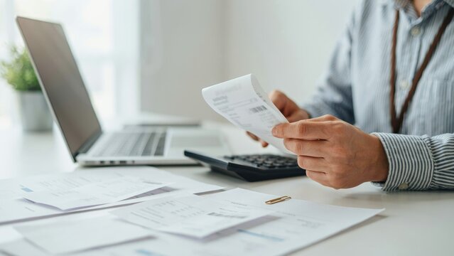 Person holding financial receipt while working with laptop and calculator
