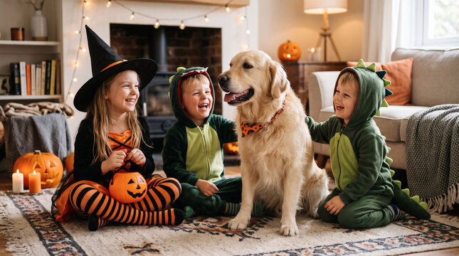 Three children and a golden retriever dog wearing halloween costumes sitting together in a decorated living room with pumpkins