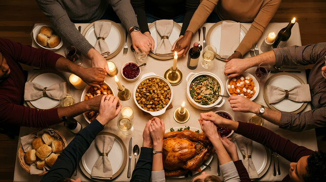 Group of diverse friends holding hands around a festive dining table enjoying a traditional holiday meal together celebrating life and gratitude with roasted turkey and various side dishes in