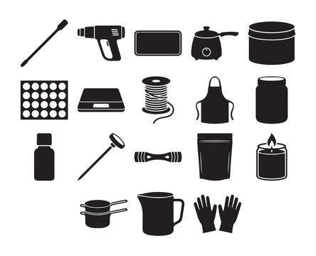 Detailed set of black candle making equipment vector illustration icons depicting various essential craft tools and professional manufacturing supply materials