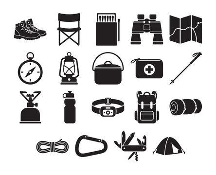 Camping equipment icons set featuring various outdoor hiking supplies and adventure tools designed as a professional black silhouette vector illustration