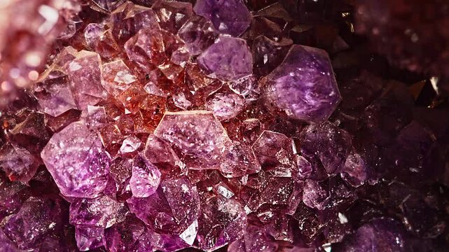 Detailed macro view of raw purple amethyst gemstone crystals with translucent surfaces, natural textures, and sparkling reflections.