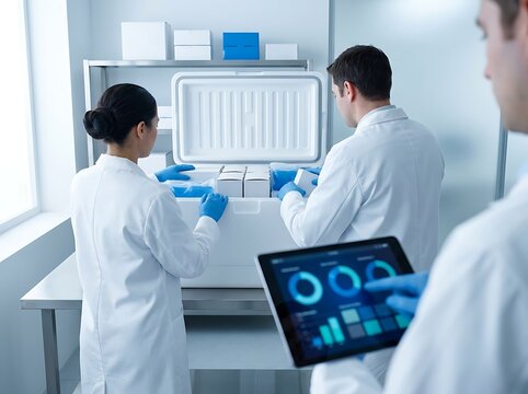 Professional medical laboratory scientists retrieving cold vaccine samples from deep freezer while tracking thermal data on digital tablet in modern sterile facility.