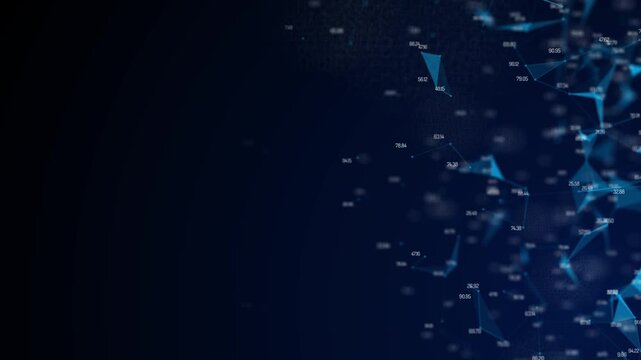 Plexus neural network mesh with floating financial data and red target crosshair, financial technology, and investment analysis concepts.