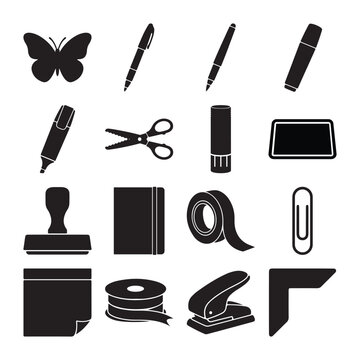 Stationery icons collection featuring various black vector graphic silhouettes including school supplies office tools paper clips scissors and crafting objects