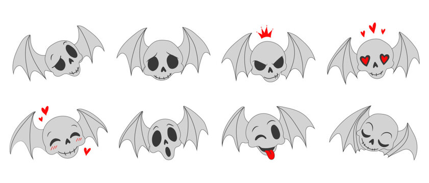 Vector Halloween skull set with bat wings and different emotions in hand drawn cartoon style. Gray and black design with red hearts and crown.