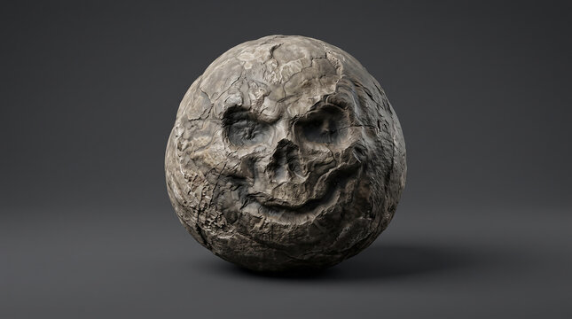 Ancient Fossilized Stone Egg with Creepy Skull Face on Dark Neutral Background