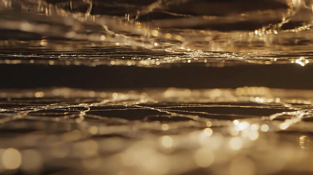 Macro view of shimmering golden threads and illuminated web network with floating bokeh light particles against a dark ambient background.