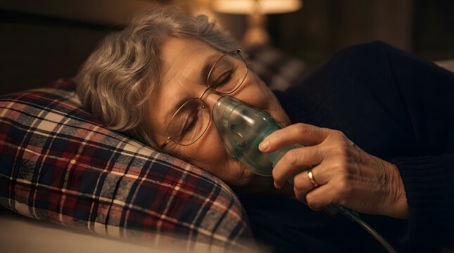 Elderly Woman Resting in Bed Using Oxygen Mask for Breathing