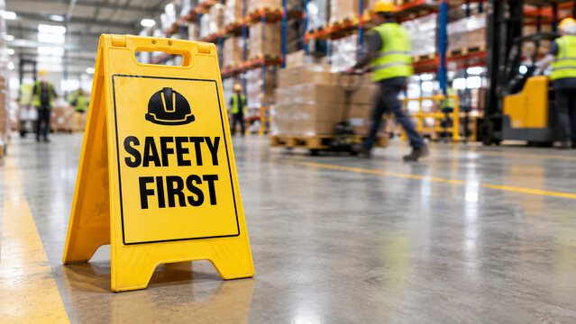 A yellow "Safety First" sign stands on a warehouse floor with workers and pallets in the background, emphasizing workplace safety.