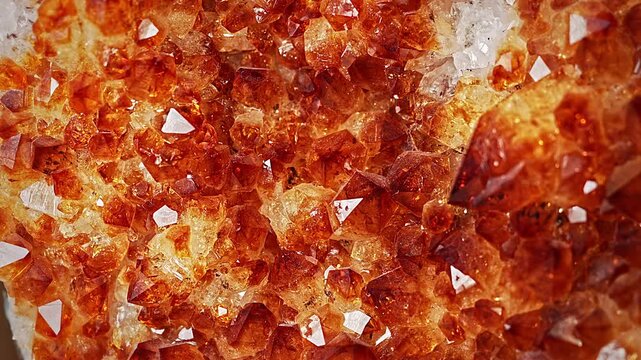 Close up of a natural raw citrine quartz crystal featuring vibrant golden orange crystals, sparkling facets, and unique mineral formations.