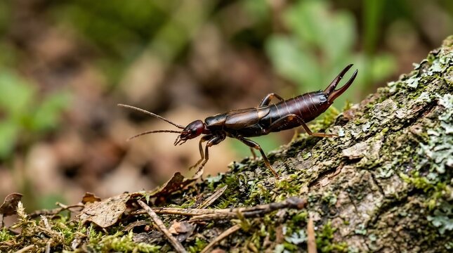 Brown earwig insect with prominent pincers climbing on a mossy tree log in the wild nature