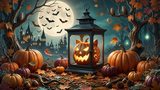Spooky Halloween forest scene with central lantern containing glowing jack o lantern pumpkin surrounded by multiple pumpkins and a haunted castle under a full moon with bats
