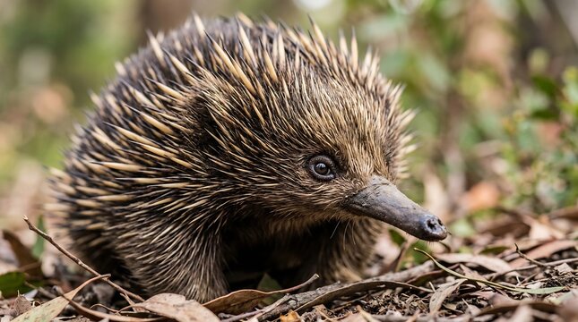 Close-up detail of a spiny echidna with long snout foraging on a forest floor with leaves