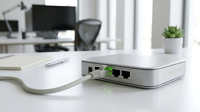 Modern ethernet network switch with cables plugged into ports on a clean office desk with computer equipment and plant in background.