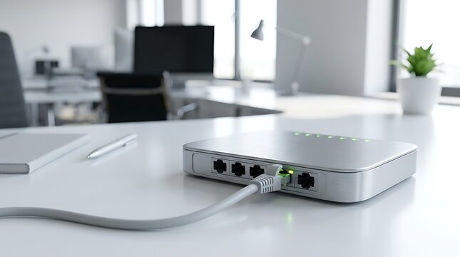Modern ethernet network switch with cables plugged into ports on a clean office desk with computer equipment and plant in background.