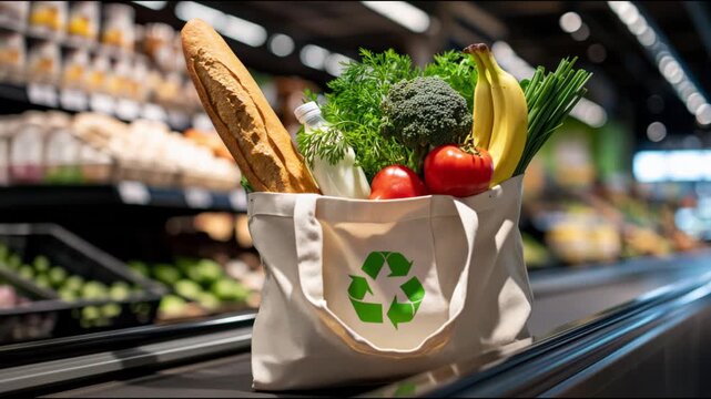 Eco-friendly tote bag full of fresh food moving on the cashier's conveyor belt