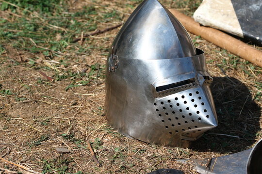 Medieval hounskull bascinet helmet on grass