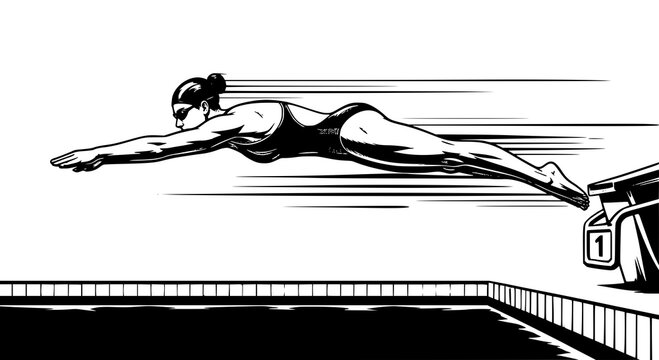 Professional female swimmer diving into pool illustration: Design for swimming club flyers, sports competition posters, or aquatic center signage. Transparent background PNG version.