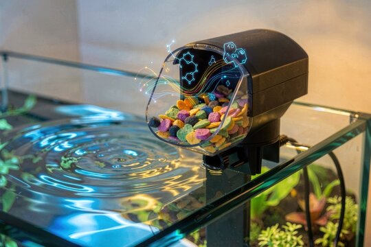 Automatic fish feeder dispensing colorful pellets into home aquarium water