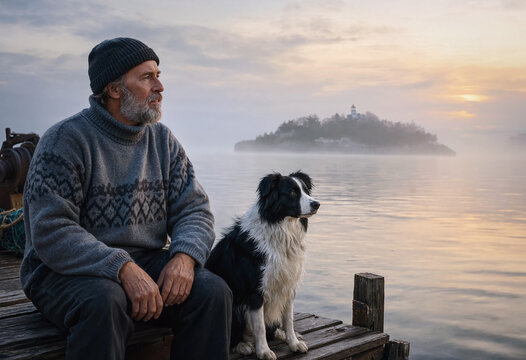 A senior fisherman sitting on a wooden dock next to his loyal Border Collie dog at sunrise, looking across foggy waters, capturing a peaceful, quiet coastal morning