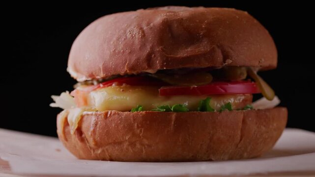 Panning shot of cheeseburger rotating with melting cheese on wooden board in studio tabletop.