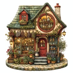 Fototapeta premium Miniature Apothecary Cottage With Round Window Full Of Jars