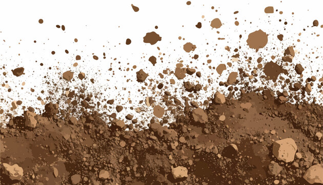 Vector dirt mud splatter effect on white, grunge brown texture with dynamic soil particles and rocks. For abstract background, backdrop, banner, texture, splash, messy graphic design element.