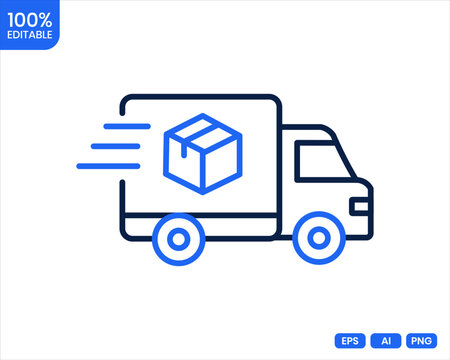 Delivery van icon with package outline style illustration on a white background for logistics and transportation concepts