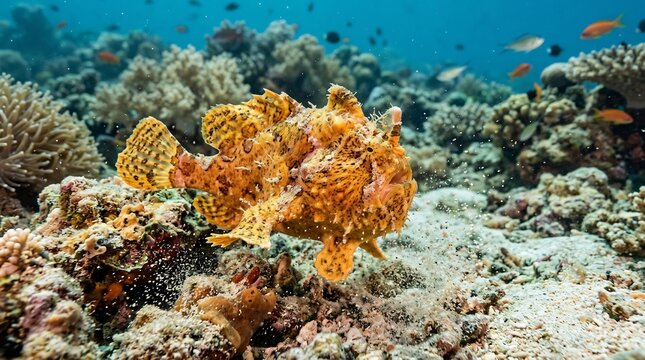 Camouflaged orange stonefish swimming near ocean floor